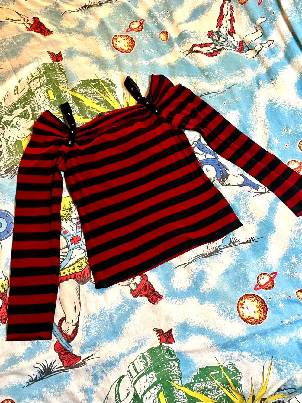 Y2K Off-Shoulder Red & Black Striped Goth Top w/ Strap Detail | Grunge Mall Alt